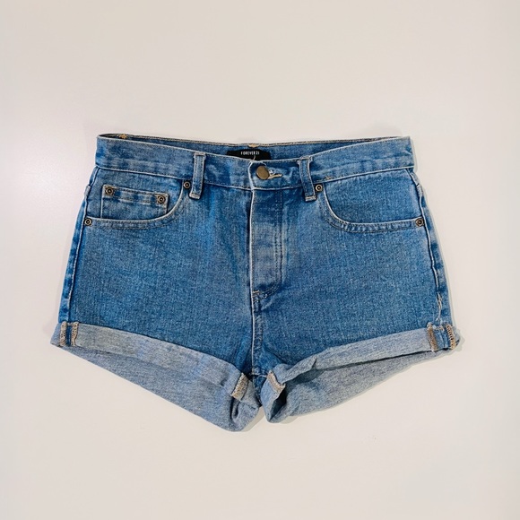 Forever 21 Medium Wash High Waisted Cuffed Denim Jean Shorts - Picture 3 of 9